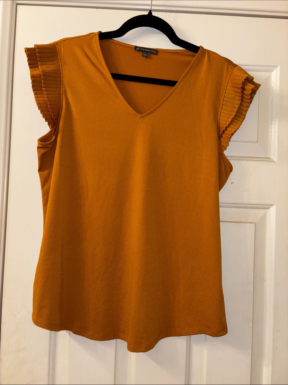 Adrianna Papell Pleated Sleeve V-Neck Top mustard gold L EUC